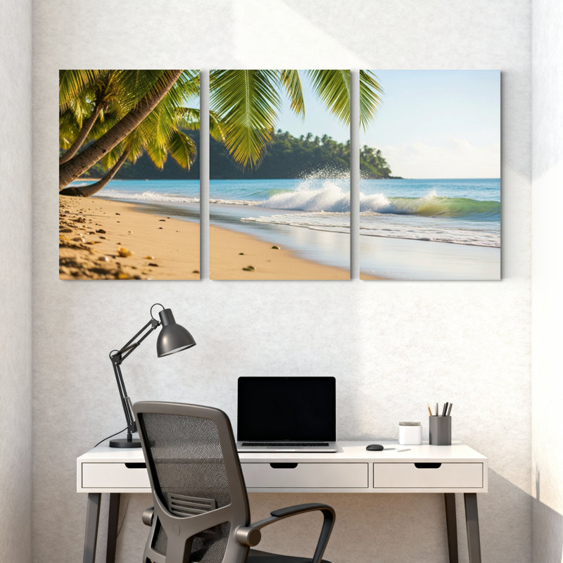 Palmiers, plage tropicale, vagues de sable, ciel de sable, ensemble de 3 impressions sur toile, H 18 po x l 36 po