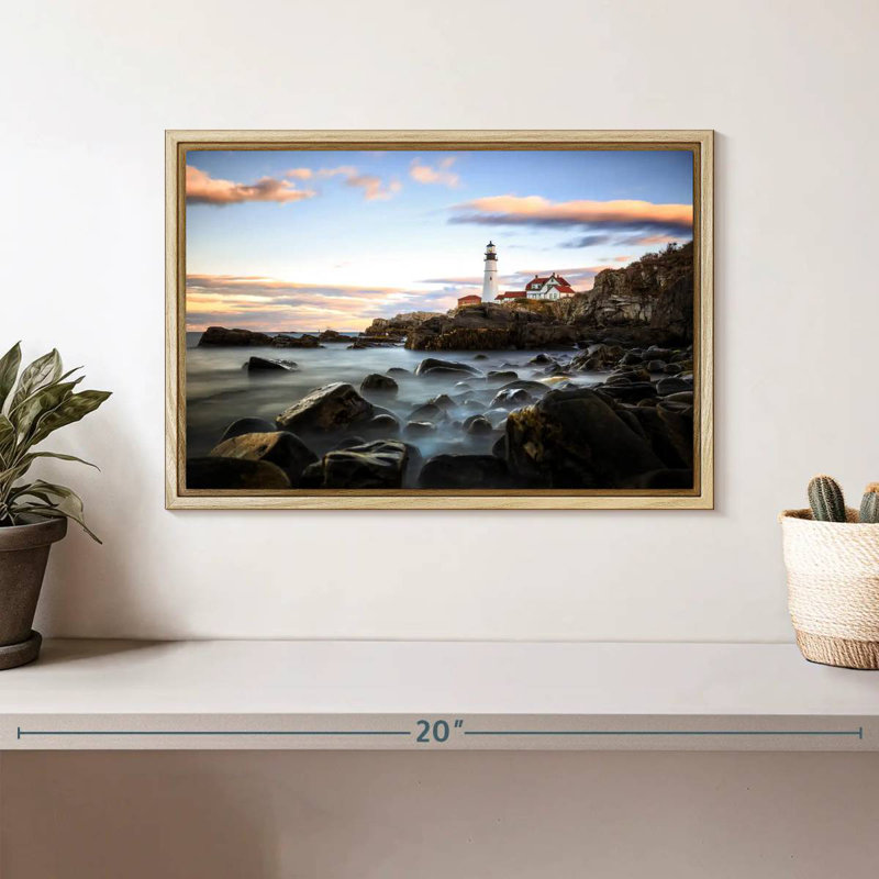 Coucher de soleil sur le phare de Portland, Cadre flottant en bois naturel, 13 po x 9 po