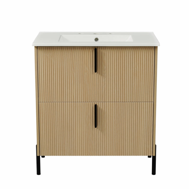30" Bathroom Vanity With Ceramic Sink And Full-Extension Drawers, Soft Close Undermount Drawer Slides, Fluted Design, Brown