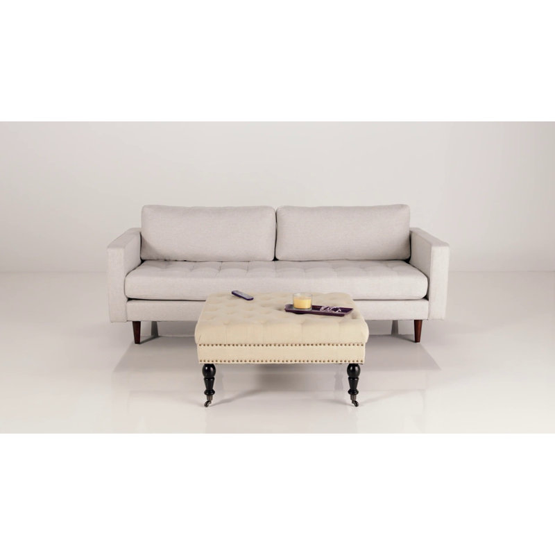 Vintage Tan Velvet Tufted Ottoman with Antique Brass Nailheads