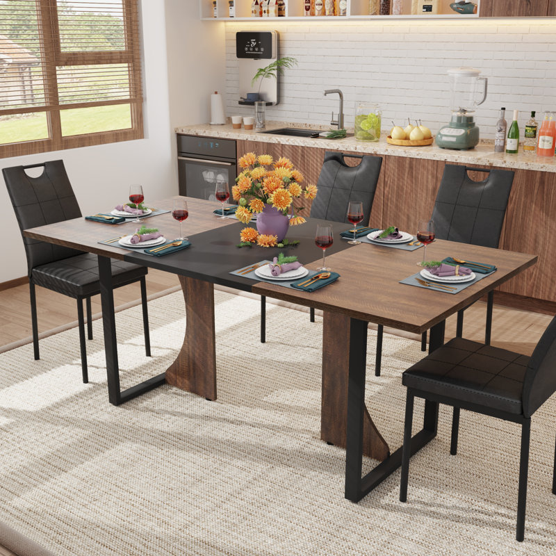 7-Piece Rectangle 71" Dining Table Sets With Adjustable Foot Pads For Dining Room, Restarant, Or Canteen