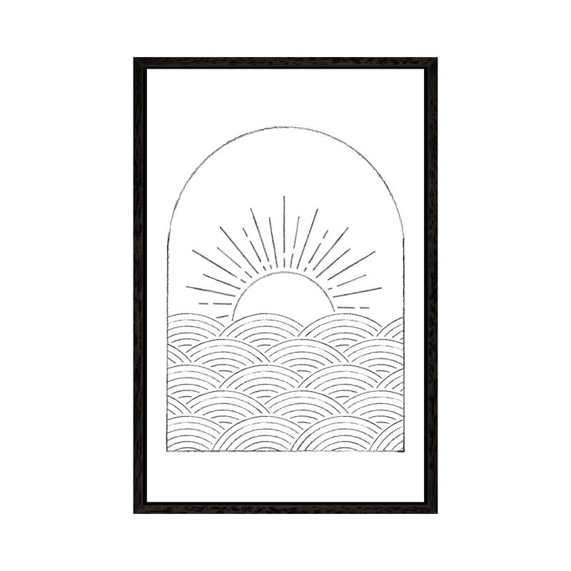 Abstract Line Art Sea And Sun by Whales Way - Print on Canvas, 152.4cm H x 101.6cm W x 3.81cm D, Black Framed