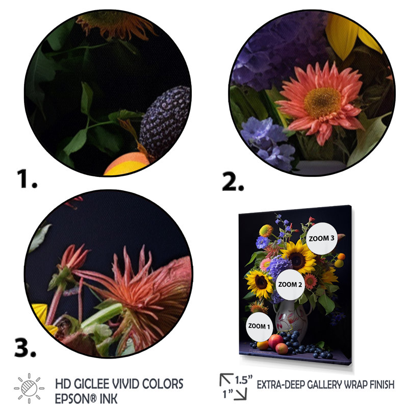 Nature morte avec des tournesols dans un vase - reproduction sur toile, H 20 po x l 12 po x P 1 po, Cadre flottant doré