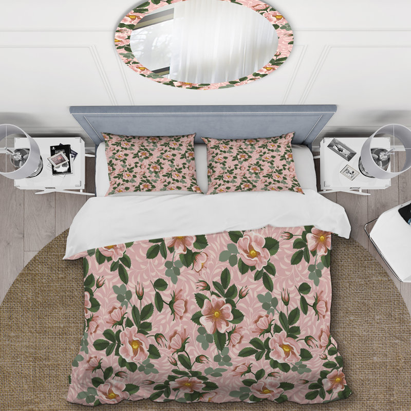 Floral rose et feuille verte - ensemble de housse de couette floral - polyester microfibre