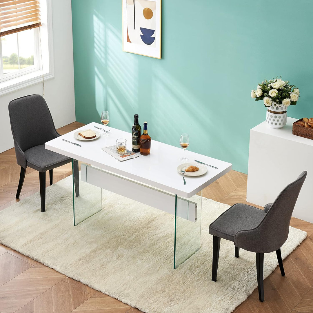 Modern 55 inches Rectangular Dining Table,High Glossy Glass Desk Table Ivy Bronx Top 