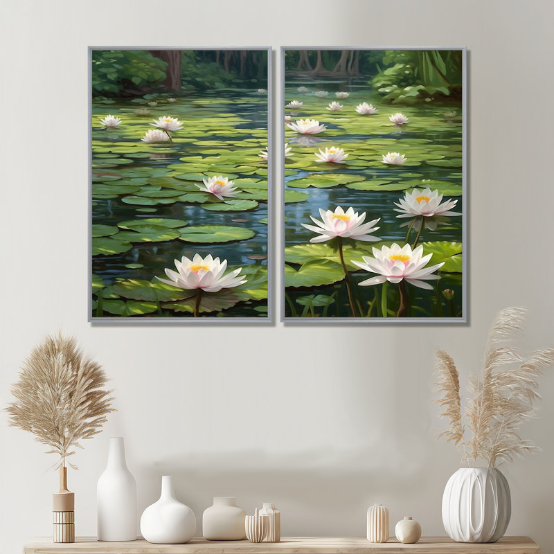 Magical Lotus Lily Pad Pond - Art mural moderne, Argent argent, H 36 po x l 48 po, Impression encadrée flottante