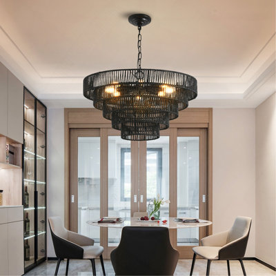 24" Rustic 5-Tier Black Hemp Rope Pendant Light Chandelier with 8 E12 Sockets, Boho Farmhouse Ceiling Fixture for Dining Room, Kitchen, or Entryway (Bulb Not Included)
