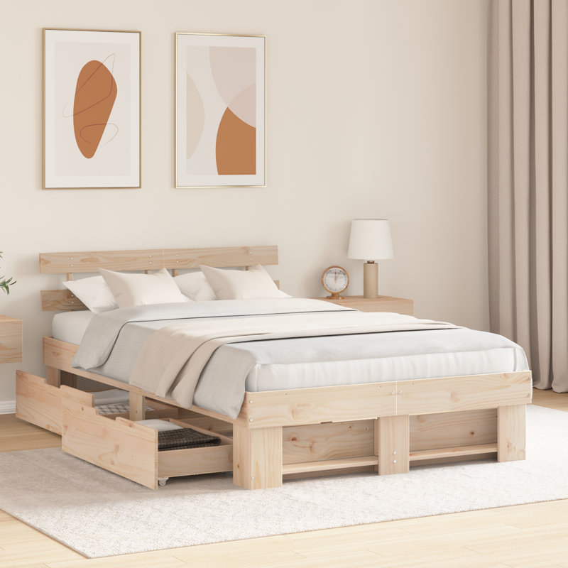 Bed Frame with Headboard Solid Pine Wood, Natural, 130cm x 190cm