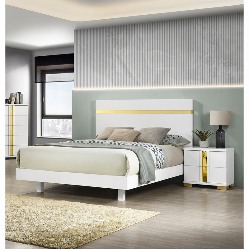 Ensemble de chambre à coucher moderne 3 pièces blanc avec très grand lit avec DEL 2X tables de chevet