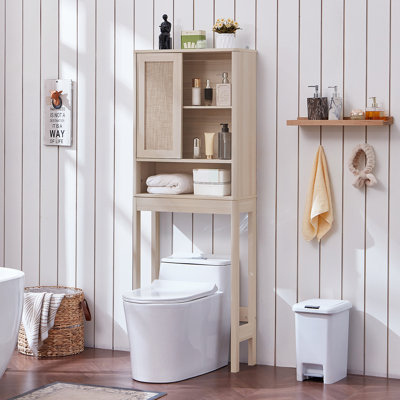 Armoire de rangement au-dessus de la toilette avec porte coulissante en rotin, grand organisateur de salle de bain en bois au-dessus de la toilette de 68 po avec tablette réglable et profil incurvé, tablette de laveuse autoportante peu encombrante