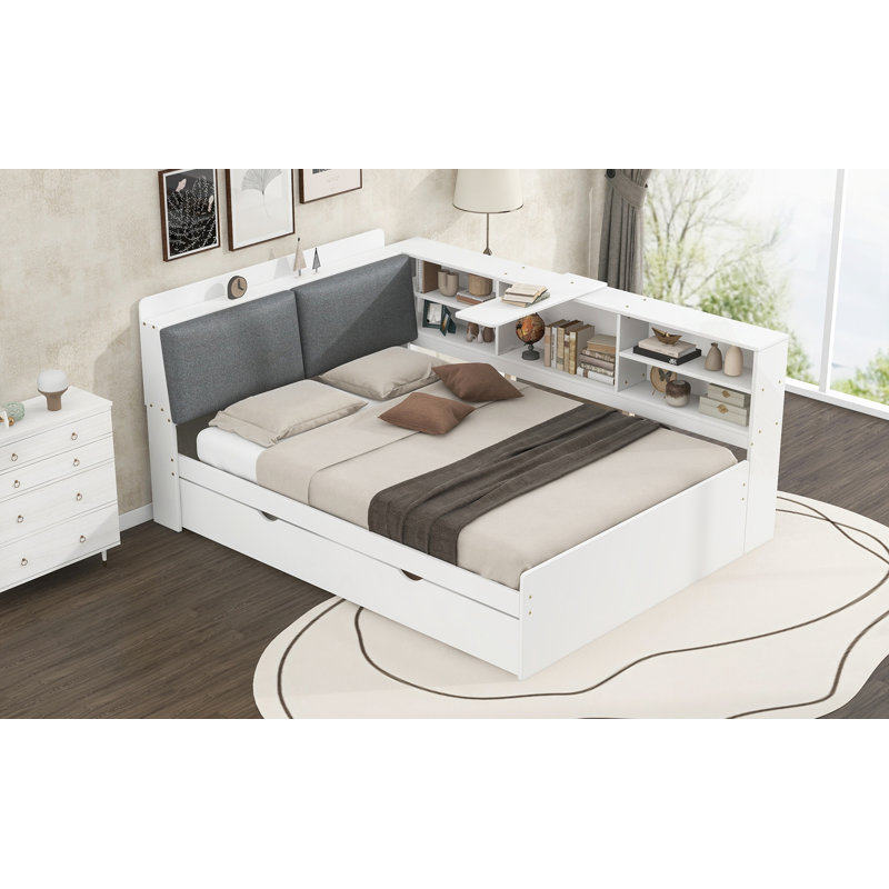 Lit plateforme en bois avec lit gigogne, Blanc, Double