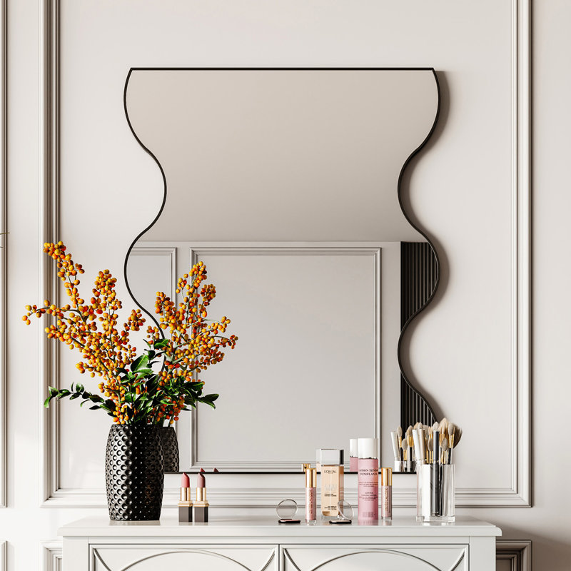Miroir mural noir rectangulaire 30 po x 35 po avec cadre en métal et 2 côtés ondulés - S'habiller pour la chambre à coucher, la salle de bain et le salon