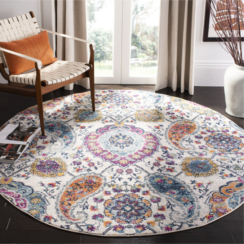 Tapis à motif cachemire Felty, Rond 5 pi 3 po, Crème / Multicolore