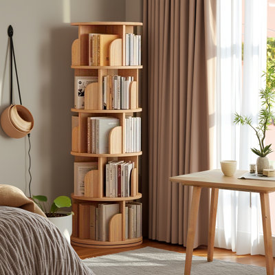 Wood Color 5-tier Rotating Bookshelf – 360° Round Spinning Bookcase, Space-saving Tower For Bedroom, Living Room & Office
