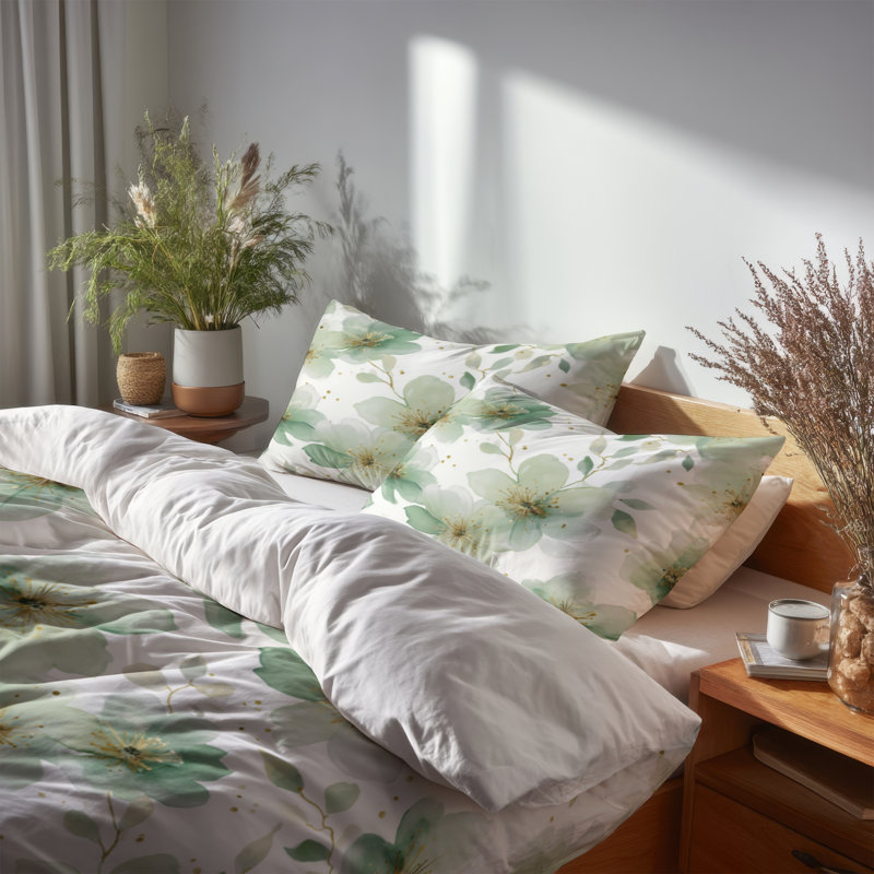 Ensemble de literie à motif floral 3 pièces - Ensemble de housse de couette Green Farmhouse Green Whisper