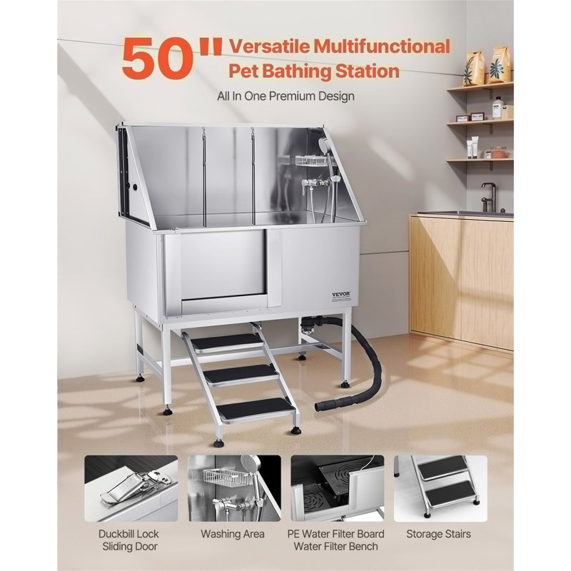 Baignoire de toilettage pour chien avec filtre à eau pour escalier à gauche