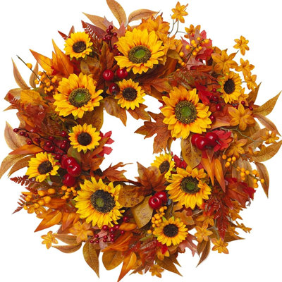Couronne d'automne pour la porte d'entrée avec tournesols et baies rouges, couronne de récolte artificielle de feuilles d'automne pour l'Action de grâce, Halloween, maison de campagne et décoration saisonnière