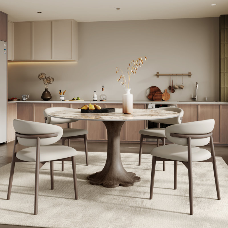 Mid-Century Modern Snow/Sand Sintered Stone Round Colyer Solid Wood Floral-Shaped Pedestal Walnut/Dark Walnut Tone (1 Table, 4/6/8 Chairs)