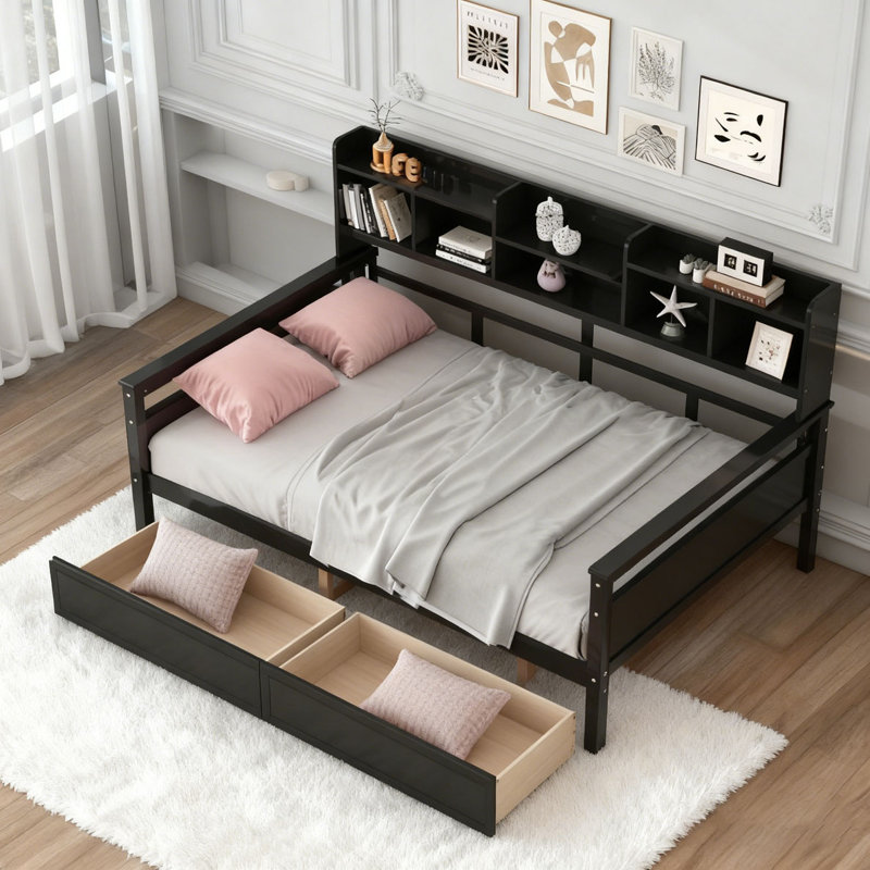 Daybed, Wood Slat Support, with Bedside Shelves and Two Drawers, Full/Double, Espresso