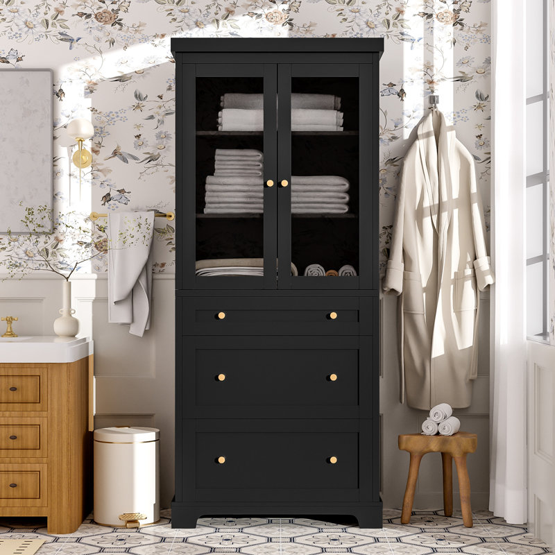 Armoire à linge autoportante pour rangement de salle de bain, Noir