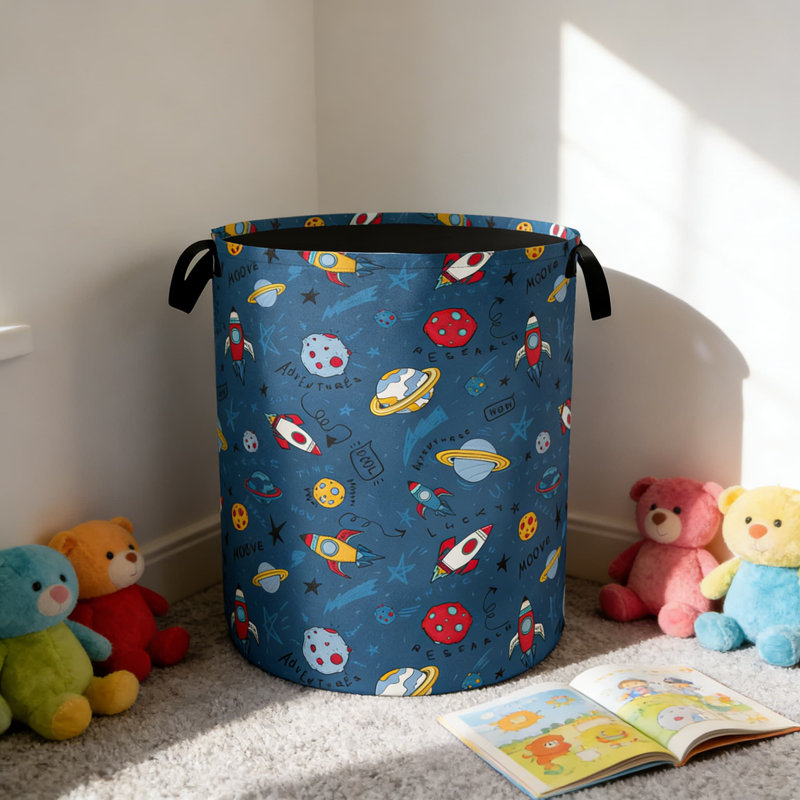 Space-Themed Laundry Hamper With Cartoon Planets Rockets, Collapsible Waterproof Oxford Cloth Storage Basket For Bedroom, Bathroom, Dorm, And Toy Organization