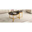 Ensemble de deux tables basses gigognes rondes au style glamour moderne, avec structure en métal doré et plateaux en verre noir.-1282441092-1282441094
