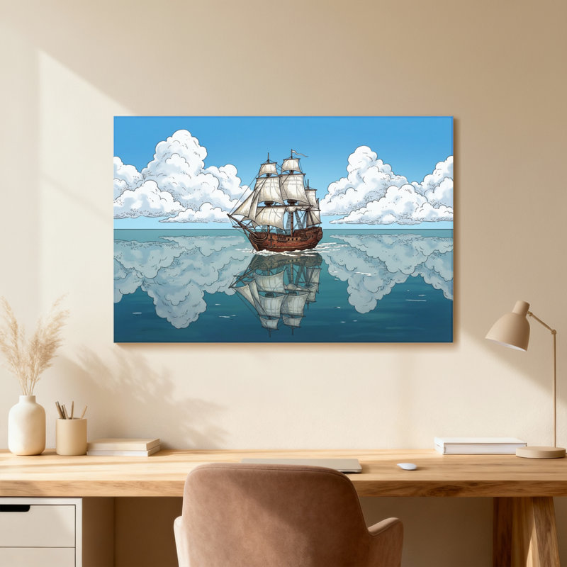 Voilier sur mer calme avec reflet de nuage, H 12 po x l 18 po, Grain de bois clair, Cadre photo unique
