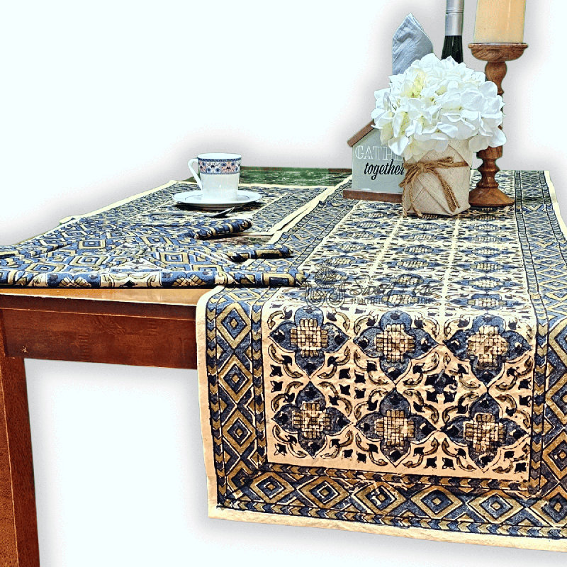 Nigoghos Cotton Veggie Dye Hand Block Printed Tablecloth Collection, 72"  x 15", Yellow
