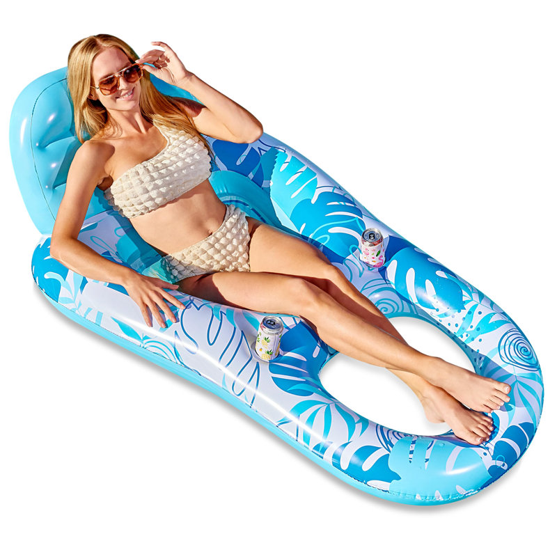 Inflatable Pool Floats Lounger with Cup Holders Foot Rest, Blue/White