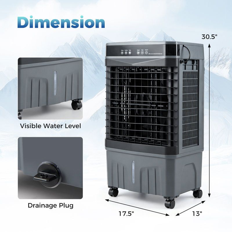 Refroidisseur d'air par évaporation 1800 CFM avec réservoir d'eau 4 gallons 2 modes 3 vitesses 4 sacs de glace noir, Noir