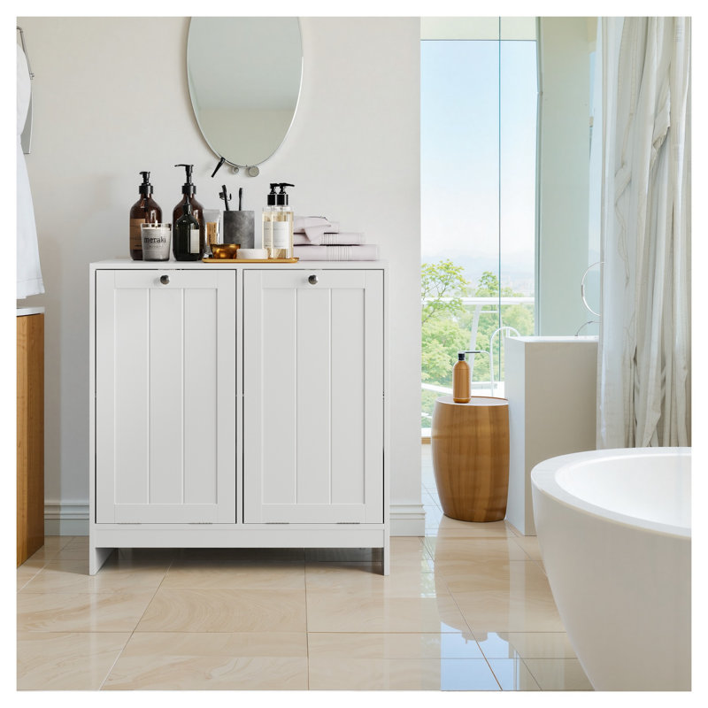 Tilted Laundry Hamper with Removable Basket, Hidden Laundry Storage Cabinet, Free-Standing Bathroom Organizer for Home, White