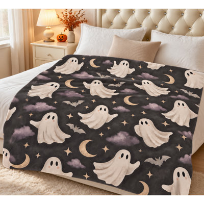 Jeté d'Halloween fantôme citrouille et chat noir Sherpa, couverture décorative douillette pour canapé, canapé et lit