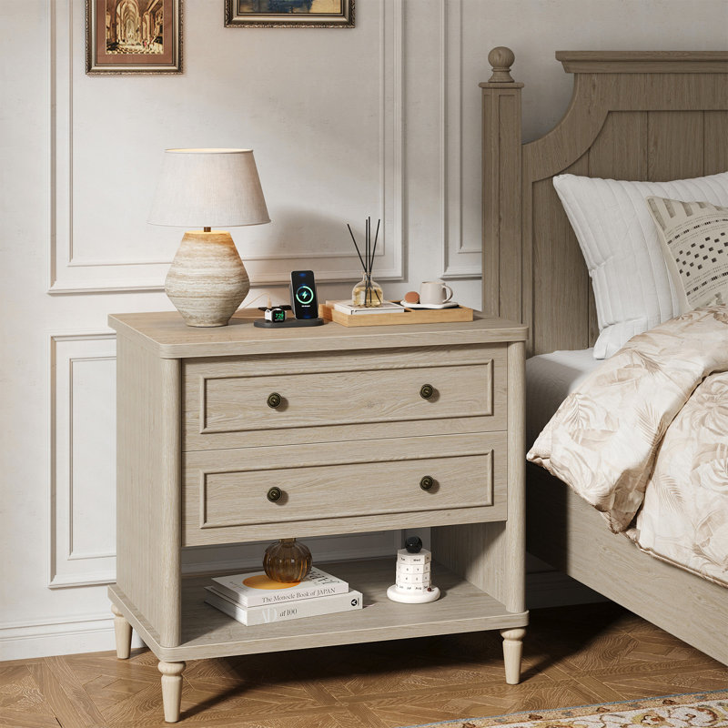 Farmhouse Nightstands Set of 2 with 2 Drawers & Charging Station, Solid Wood Bedside Tables, Oak, 2, Set of 2
