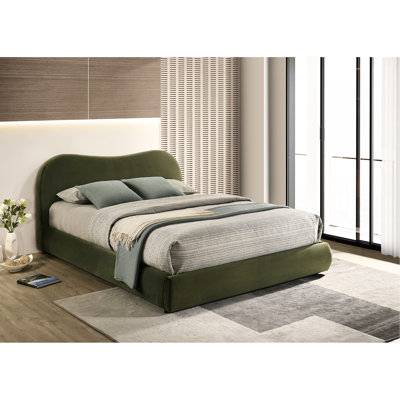 Queen Size Bedframe With Olive Velvet, Curved Design, Engineered Wood And Solid Wood, Contemporary Bedroom Bed Transitional Decor