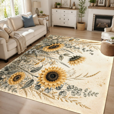 Tapis imprimé tournesol artistique (1 pièce) - Tapis à motif floral botanique vintage, lavable et facile à nettoyer, dos antidérapant, idéal pour décorer le salon, la chambre à coucher, la cuisine ou le bureau.