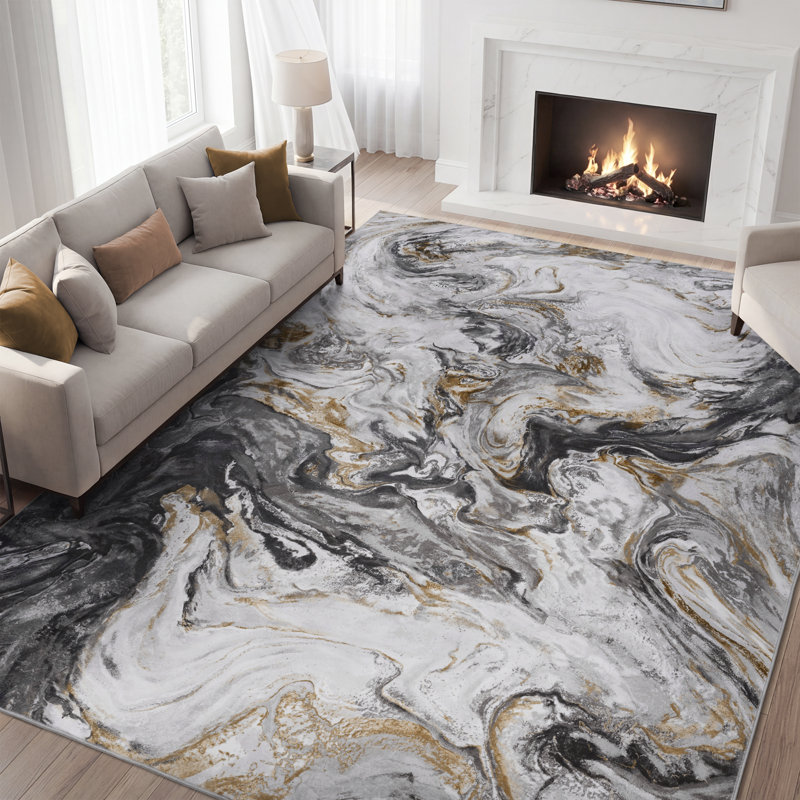 Soft Washable Contemporary Area Rug  With Non-Slip Backing In Marble Pattern, Rectangle 5' x 7', Black/Gold/Ivory/Gray