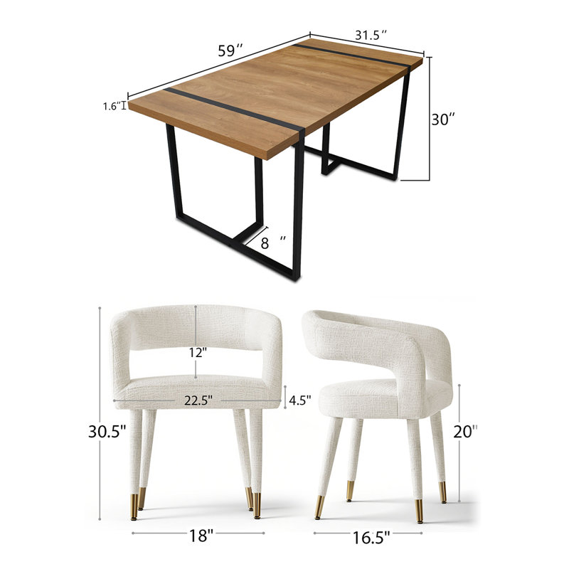 Modern 5-Piece Dining Set With 59" Rectangular Table And 4 Upholstered Arm Chairs, Beige