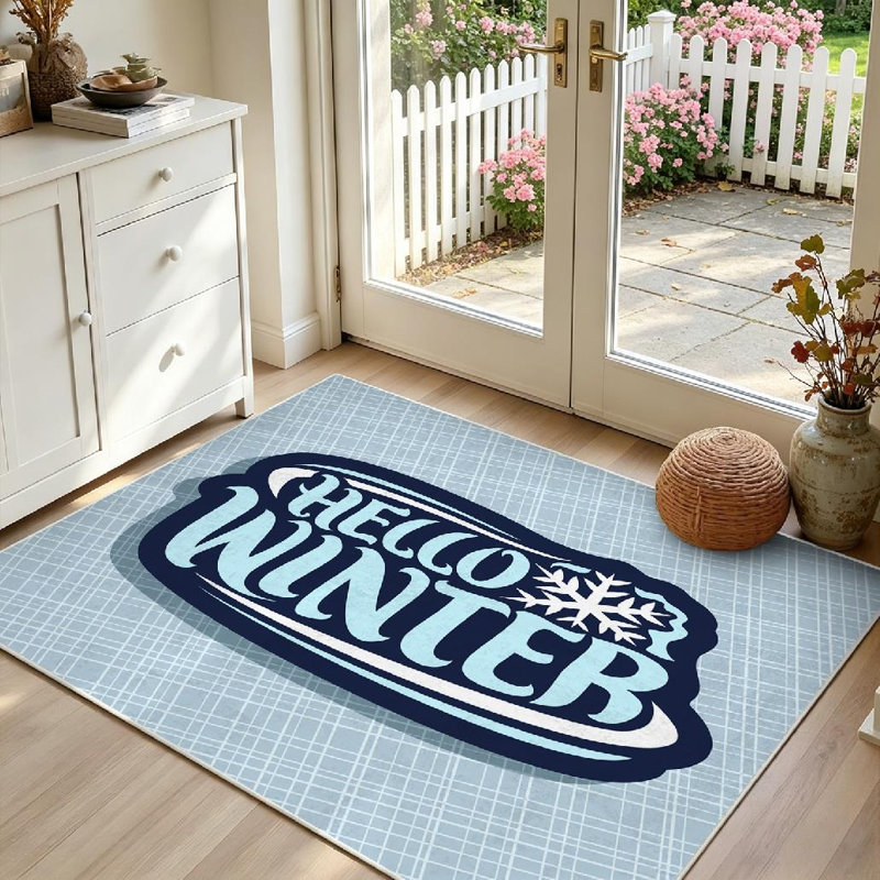Tapis d'intérieur bleu lavable à la machine, logo de Noël pour l'hiver, Rectangle 39 po x 63 po