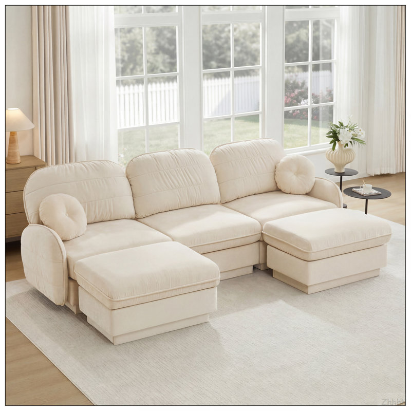 Canapé surdimensionné en U de 105 po en chenille, canapé à assise profonde avec repose-pieds mobile, coussins ronds et coussins de dossier matelassés exquis, pieds à structure encastrée, assemblage facile, convient au salon, beige crème