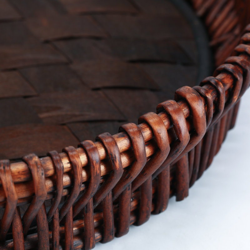 Handwoven Willow Round Ottoman Tray with Wooden Base and Handles, 20", Honey Brown