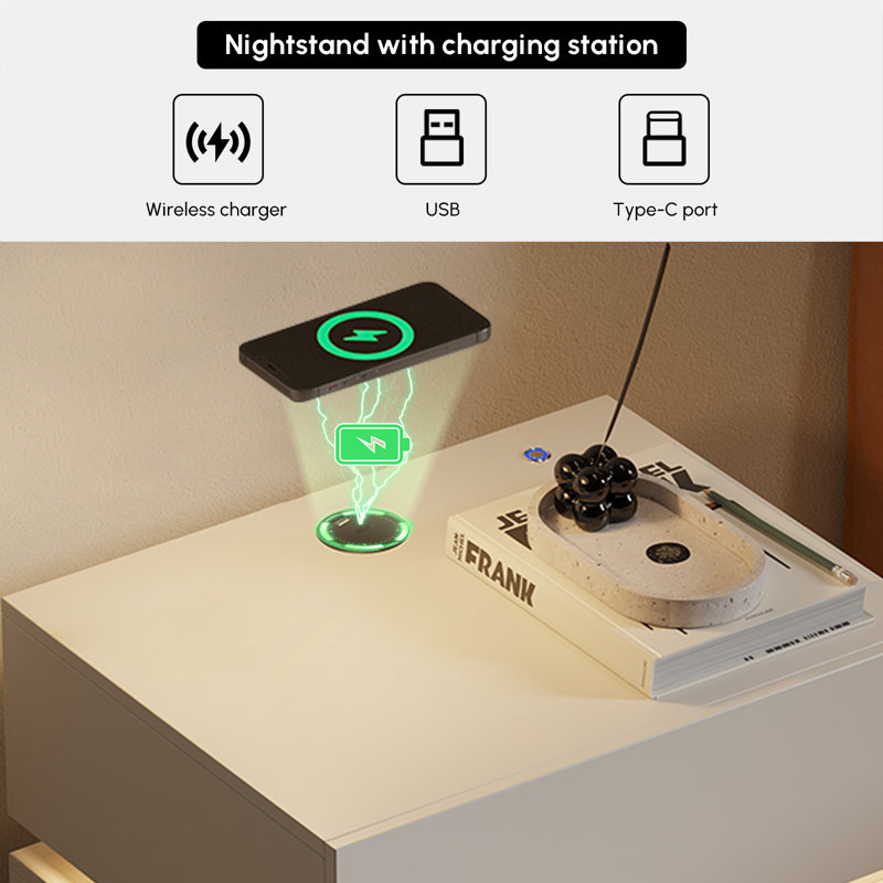 Holford White Nightstand with LED Lighting & Wireless Charging Station, 2 Drawer Storage Bedside Cabinet for Bedroom, White