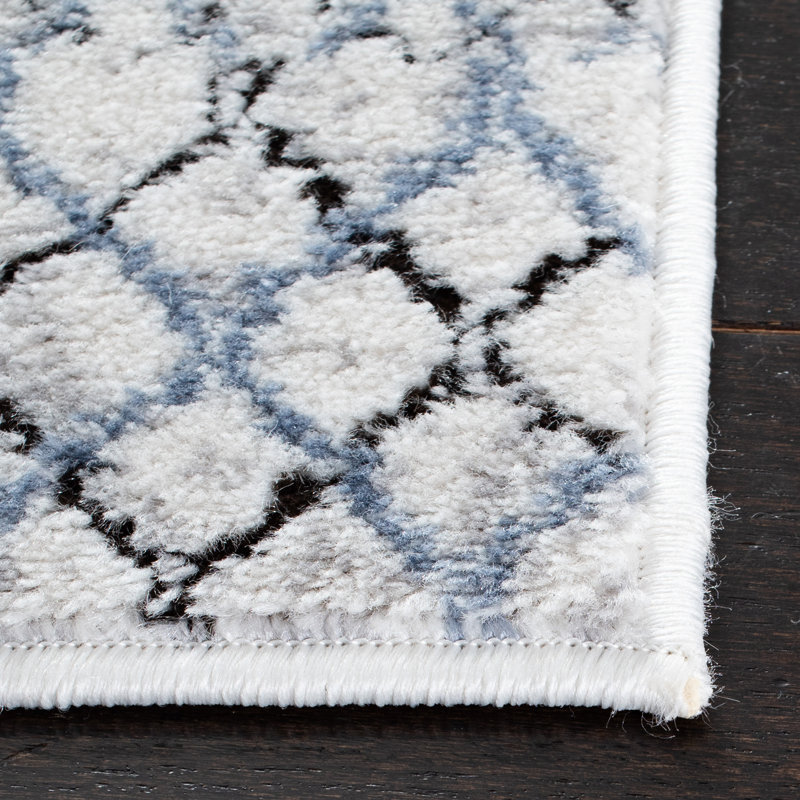Grey and Light Blue Hand-Knotted Rectangular Synthetic Rug