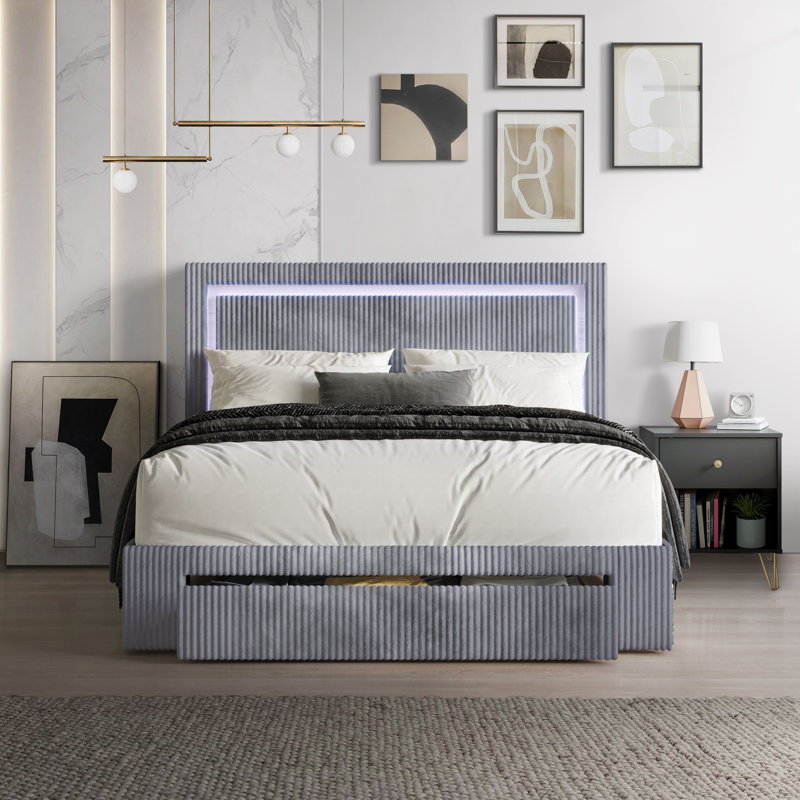 Lit plateforme tapissier avec rangement Gouker, Double, Gris