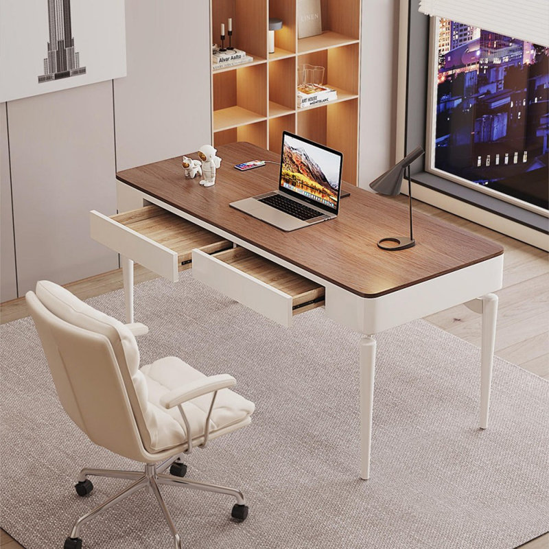 Bureau rectangulaire blanc massif en bois manufacturé avec 2 tiroirs, H 29,53 po x l 55,12 po x P 23,62 po