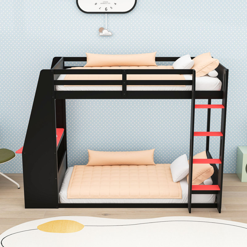 Lit superposé multifonctionnel en bois avec tablettes intégrées, bureau, station de charge et lumière DEL, Simple sur simple