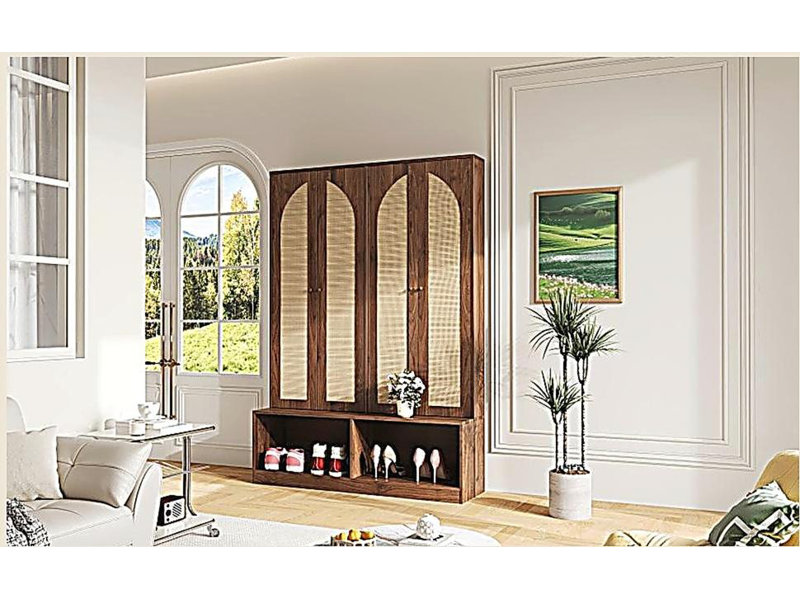 Hall Tree with 4 Rattan Doors, Versatile 4-In-1 Seating Bench with 6 Hooks, Mid-Century Entryway Shoe Cabinet with Adjustable Shelf