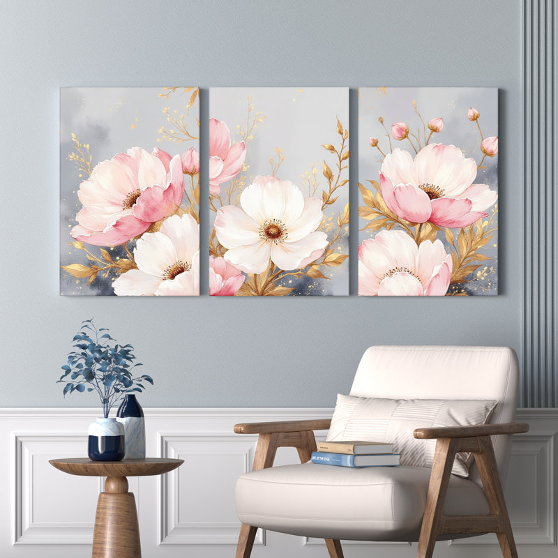 Tableau sur toile à motifs floraux rose poudré avec accents dorés (lot de 3), H 18 po x l 36 po