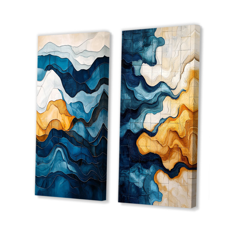 Brun et bleu Odyssey Tiles III - ensemble d'art mural côtier 2 pièces, Toile tendue, H 28 po x l 24 po