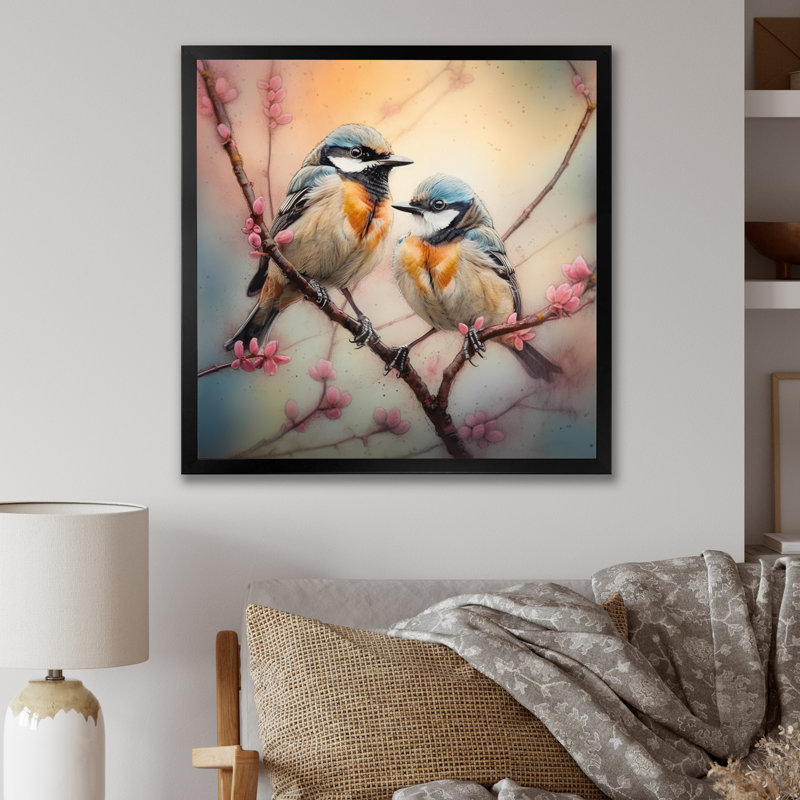 Deux oiseaux bleus sur un arbre en fleurs II - Art mural floral pour salon, H 16 po x l 16 po, Cadre photo noir