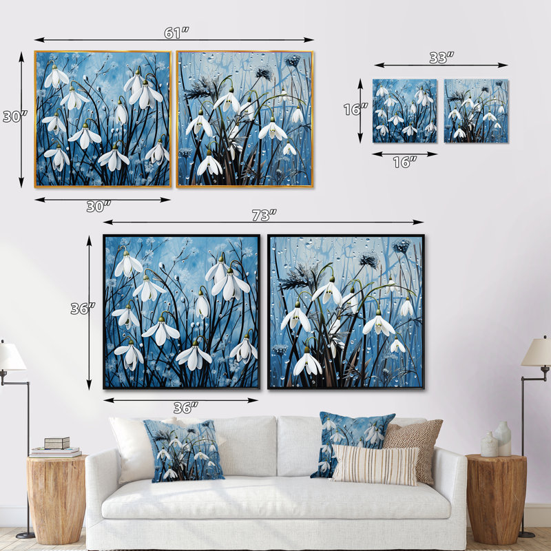 «Minimalisme bleu et blanc fleur de neige» 2 pièces, Cadre flottant noir, H 16 po x l 33 po